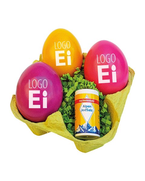 LogoEi 3-pack incl. salt in a coloured egg box with advertising