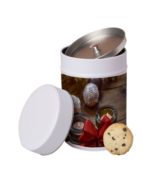 100 g organic chocolate orange cookies in a biscuit tin with promotional label