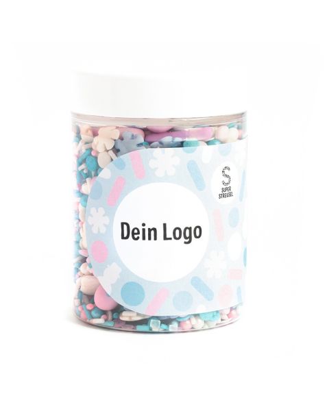 Super Streusel winter mix in a transparent tin with an advertising label