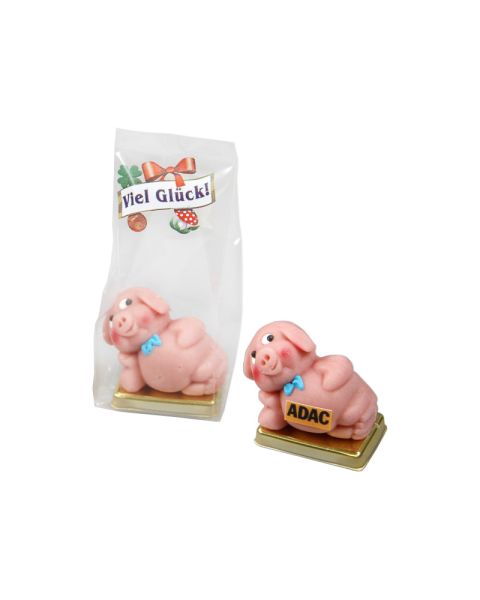 Marzipanschwein midi 2 mit essbarem Logoaufdruck und Werbeanbringung