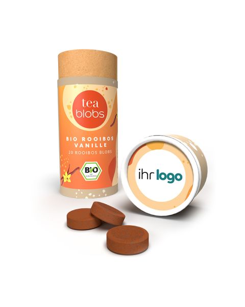 Bio Rooibos Vanille TeaBlobs in Eco Pappdose mit Werbeanbringung