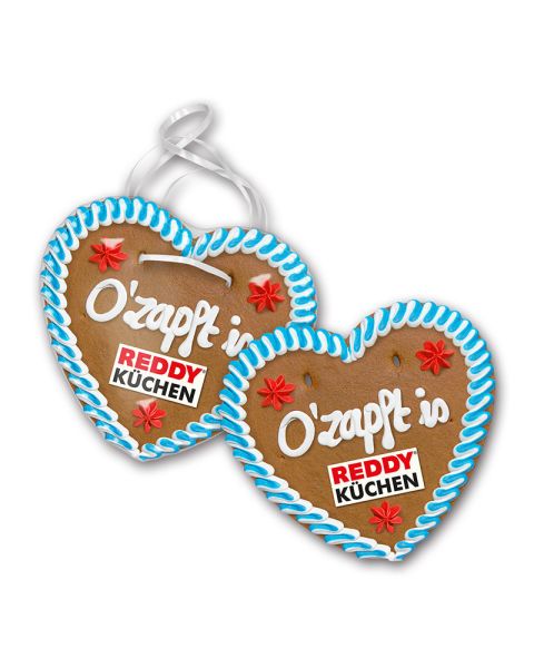 175 g gingerbread heart with handwritten lettering and marzipan logo sealed in glossy foil