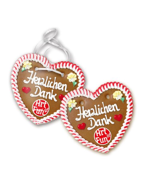 270 g gingerbread heart with handwritten lettering and marzipan logo sealed in glossy foil