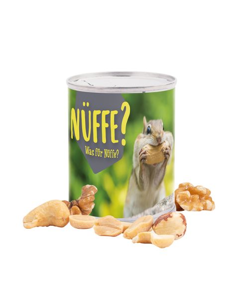 Nut cocktail mix in snack tin with promotional paper label