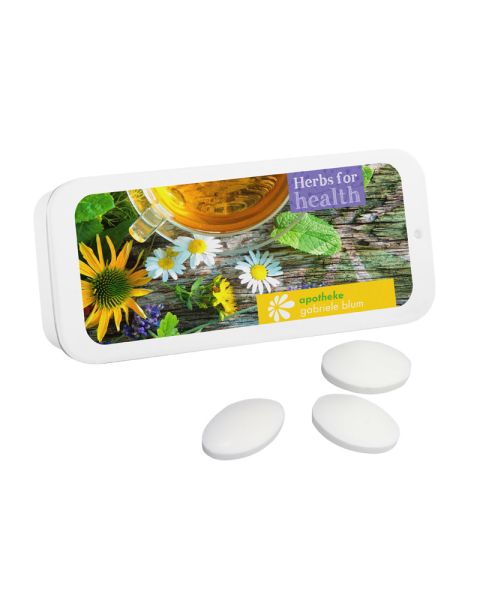 12 g peppermint pastilles in sliding lid tin with promotional print
