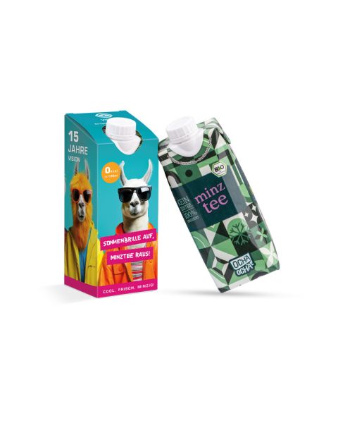 Ocha Ocha organic mint tea in a drink pack with promotional print