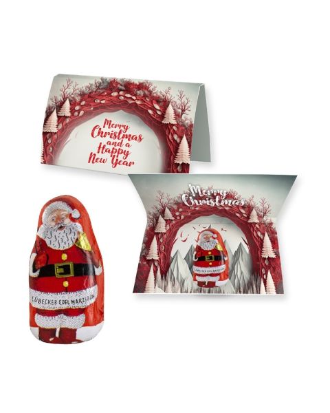 Express 12 g Lübeck marzipan Santa Claus on folding card with promotional print