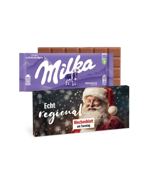 90 g Milka chocolate bar in promotional cardboard packaging with logo print