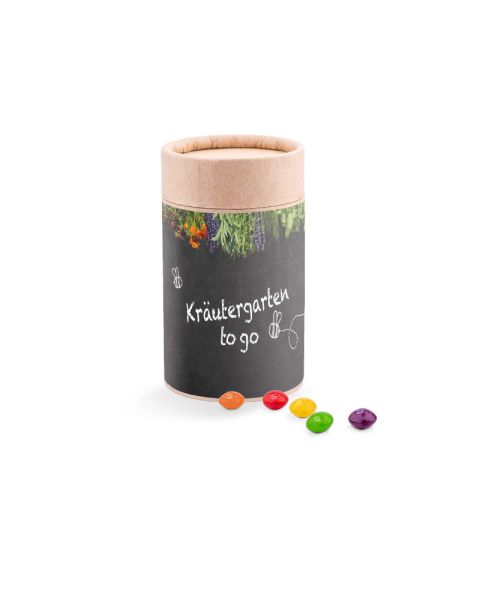 Midi paper tin Skittles chewy sweets with paper label and logo print