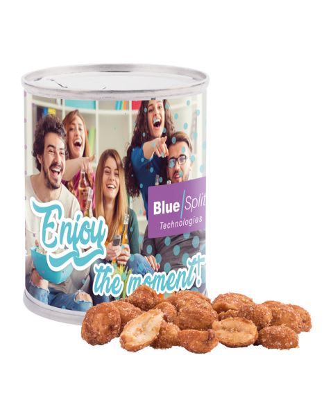 Peanuts with honey and salt in snack tin with promotional paper label