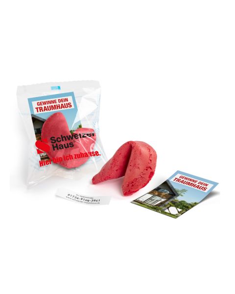 7 g coloured fortune cookie with advertising card in promotional flow pack