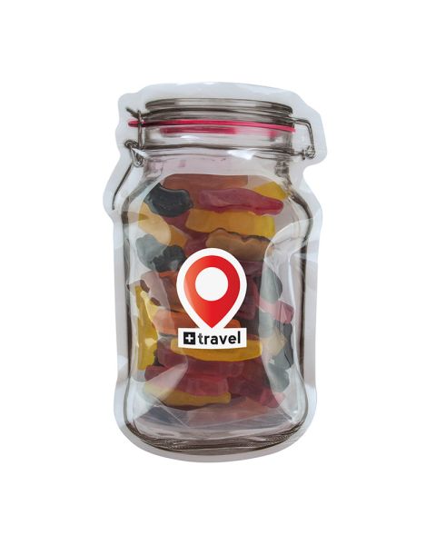 Liquorice in car shape in midi bags in Weck jar shape with promotional label