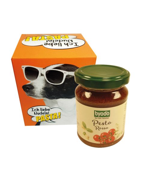 125 g byodo organic pesto rosso in a folding box with promotional print