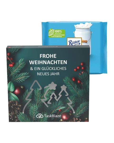 Ritter SPORT Alpenmilch Schokolade in einer Präsentbox mit Wald-Ausstanzung und Werbedruck
