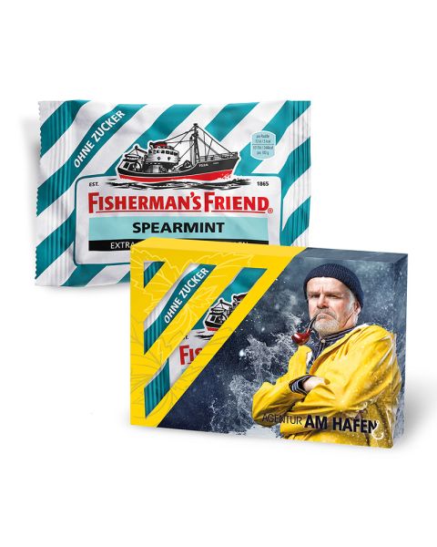 25 g Fisherman's Friend in promotional cardboard box with logo print