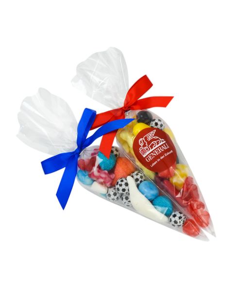 100 g football sweets cone bag in national colours and with promotional label