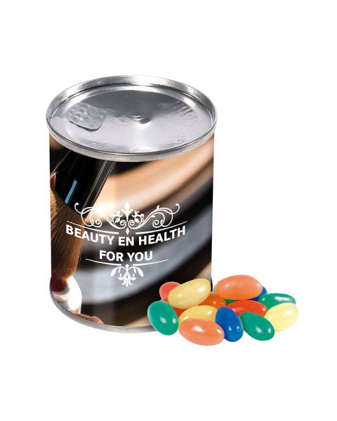 65 g jelly beans in a tin with promotional sleeve