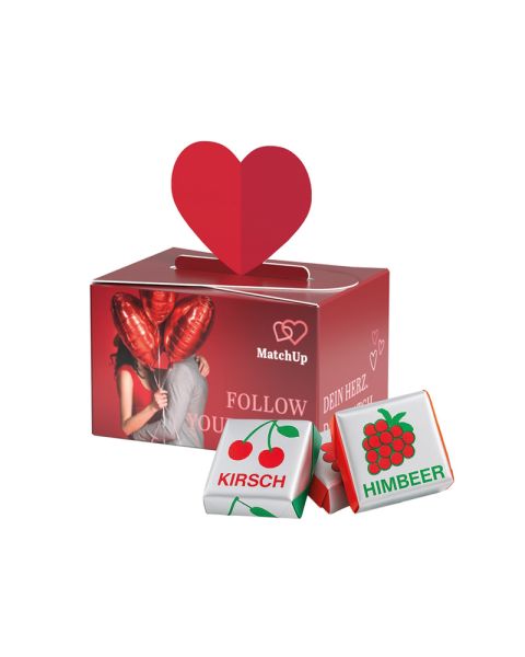 Fruchtkaramelle in Geschenkbox Herz und Werbedruck