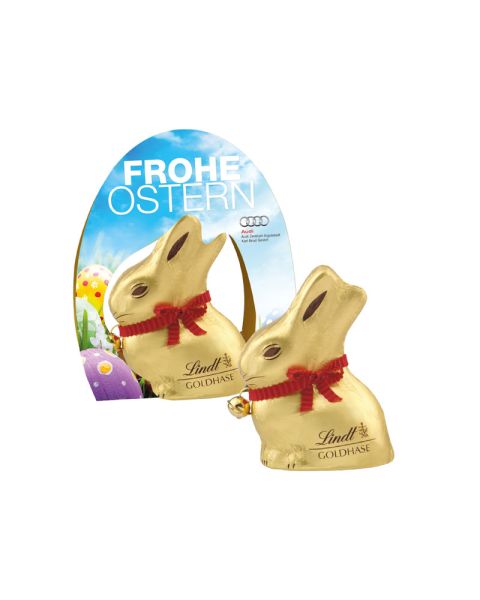 Lindt gold bunny with bell in promotional display with logo print