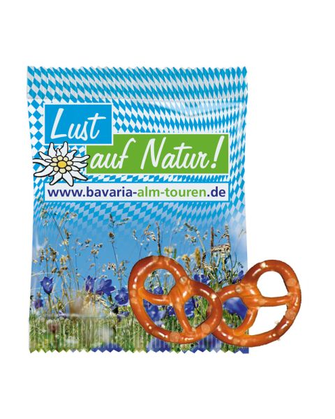 Mini pretzels in promotional bags with promotional print