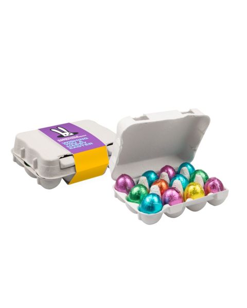 12 colourful chocolate Easter eggs in egg carton with promotional sleeve