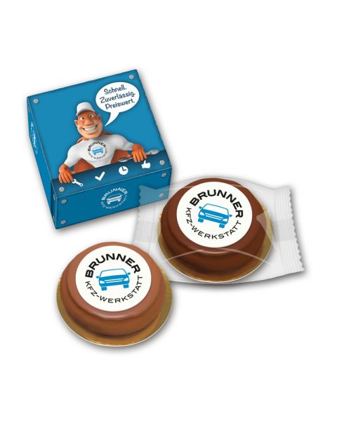 Baumkuchen ring with marzipan logo in promotional box