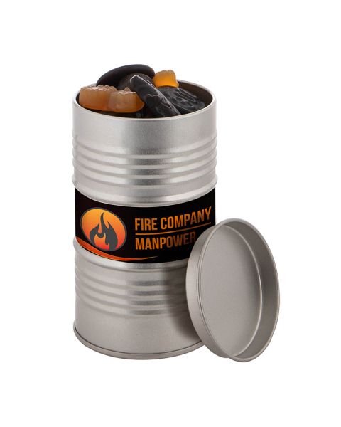 Oil barrel filled with mixed liquorice and advertising label
