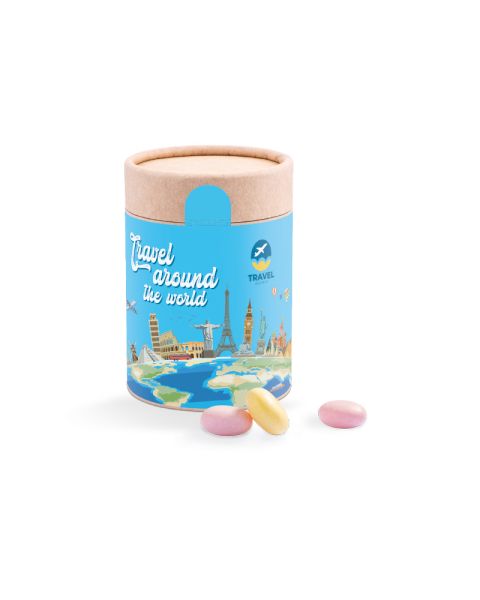 Maxi Papierdose Mentos Kaudragees Fruit mit Papieretikett und Logodruck