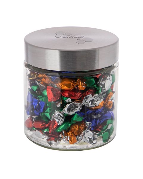 Metallic sweets in a jar with embossed metal lid