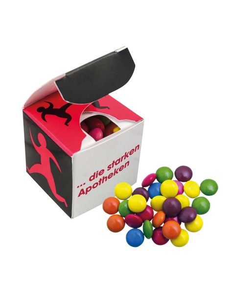 Promotional cube with coloured chocolate beans and logo print