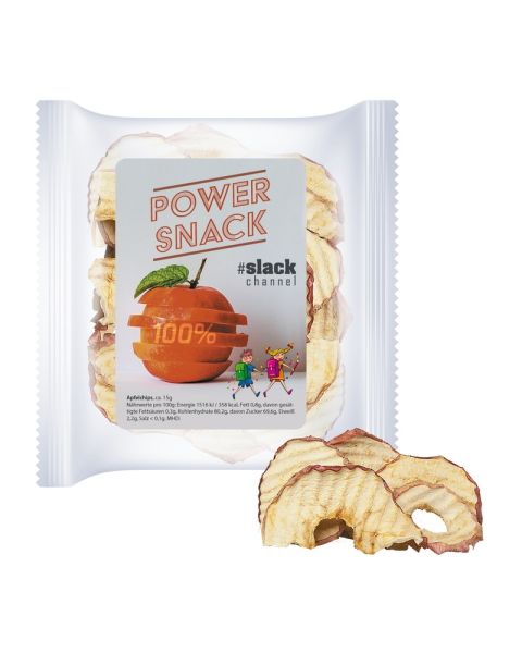 15 g express organic apple chips in flow pack with promotional label