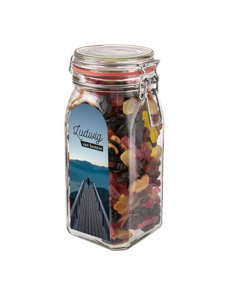 1.5 l Weck jar filled with car-shaped liquorice and advertising label