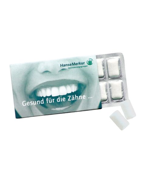 12-pack blister pack of chewing gum in a slipcase with logo print