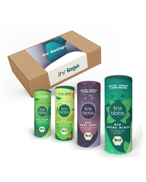 TeaBlob Geschenk-Set mit 4 Eco Pappdosen und Werbeanbringung