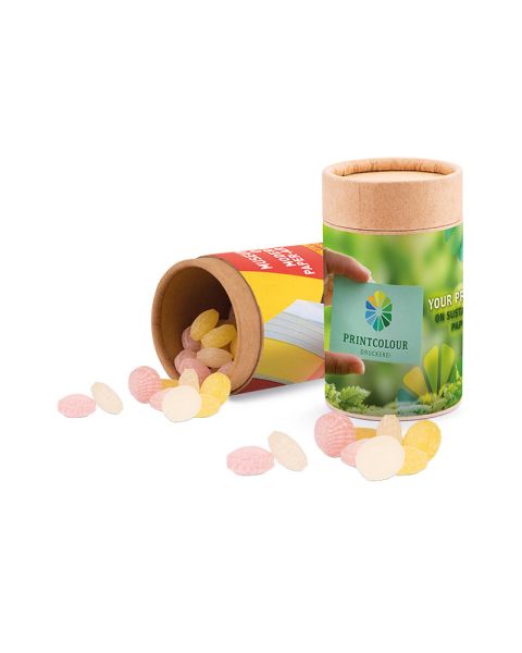 Midi paper tin fruit mix sweets with paper label and logo print