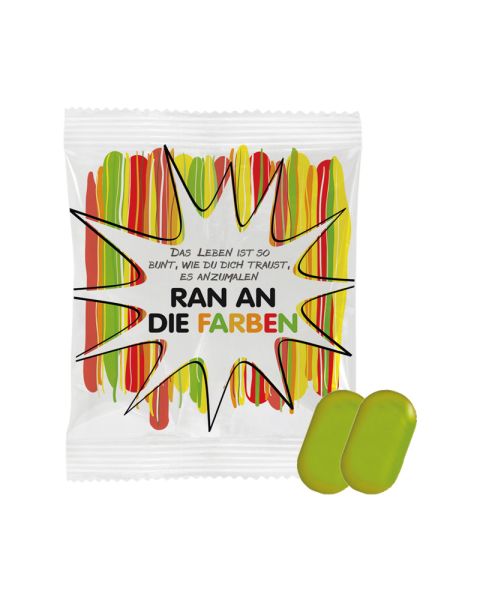 5 g green fruit dragées in promotional bags with logo print