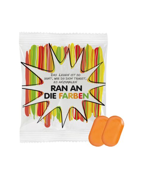 5 g orange fruit dragées in promotional bags with logo print