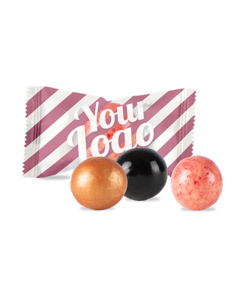 Chocolate balls with liquorice centre in flow pack with promotional print
