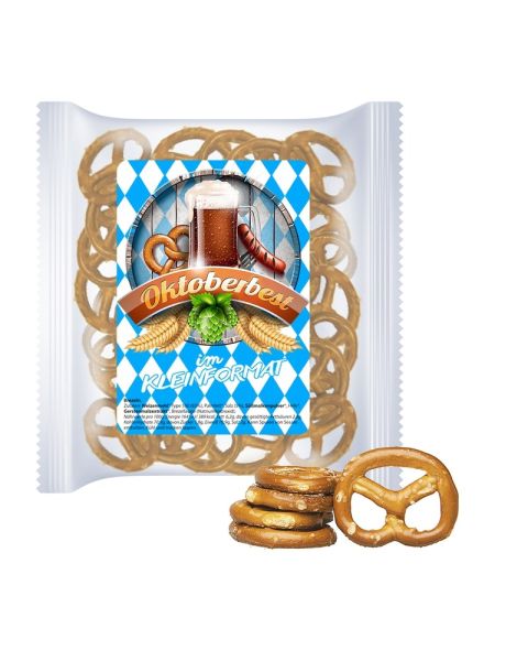 30 g organic mini pretzels in promotional bag with promotional label