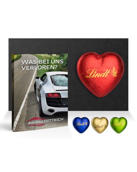 Werbeklappkarte mit Lindt Schokoladen Herz 20 g