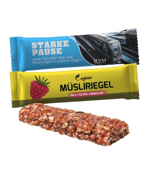 30 g organic multigrain raspberry muesli bars in flow packs with promotional print