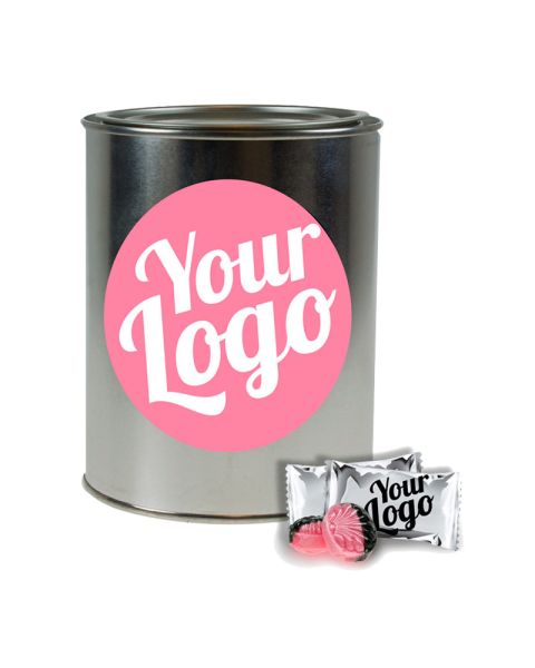 Sweets in printable flow pack in a metal tin with promotional label