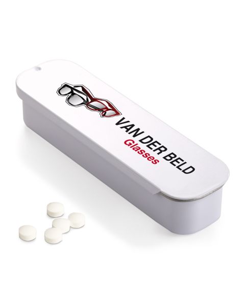 Long sliding lid tin with peppermint pastilles and logo print