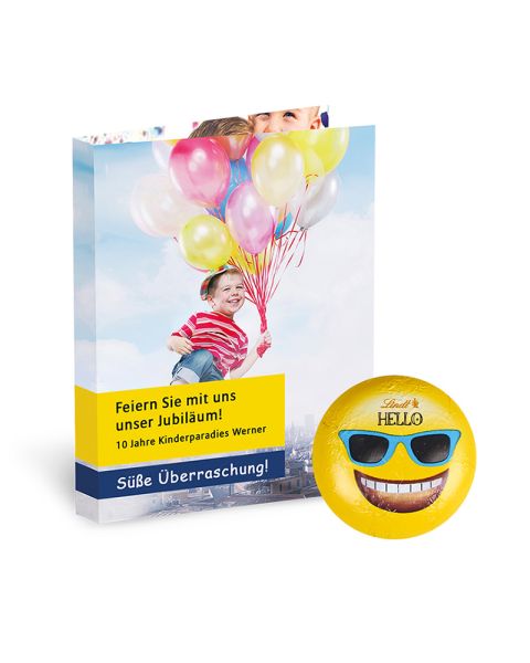 Lindt HELLO Mini Emoti promotional card with advertising print
