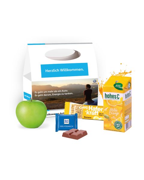 Fitness snack pack with carrying handle and advertising print