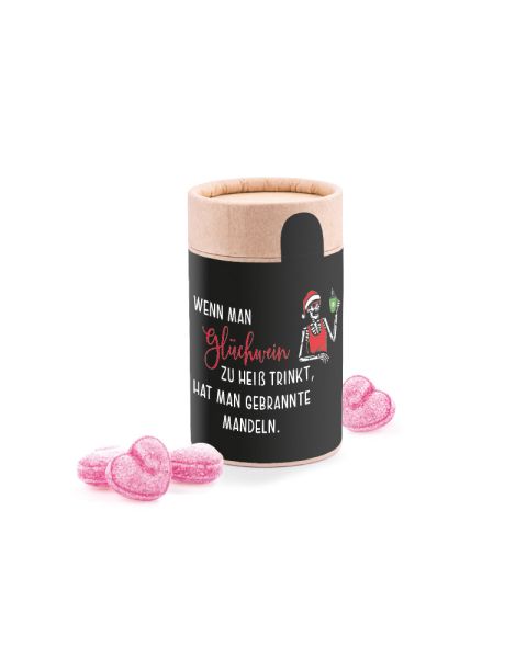 Midi paper tin with mulled wine hearts with paper label and logo print