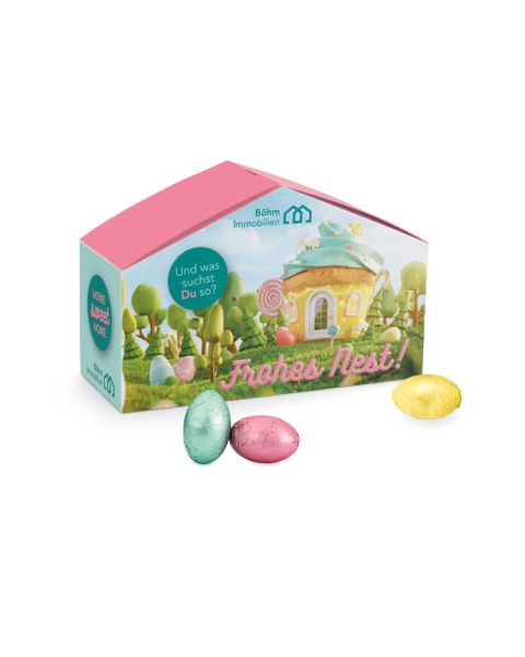Easter house with Rettergut chocolate Easter eggs with promotional print