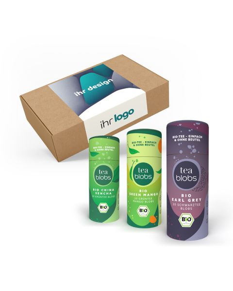 TeaBlob Geschenk-Set mit 3 Eco Pappdosen und Werbeanbringung