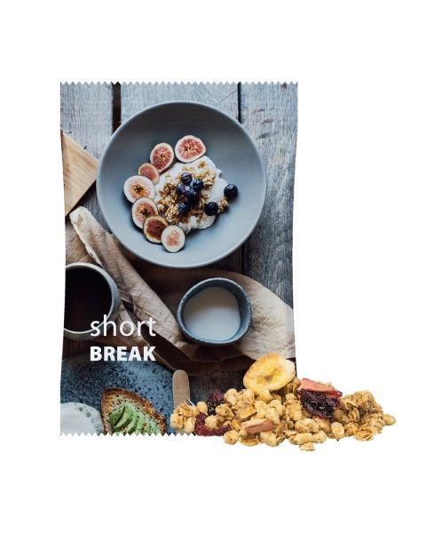 60 g crunchy fruit muesli in flow pack with promotional print