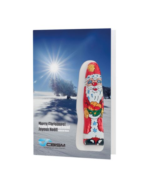 Folding card with chocolate Santa Claus and advertising print